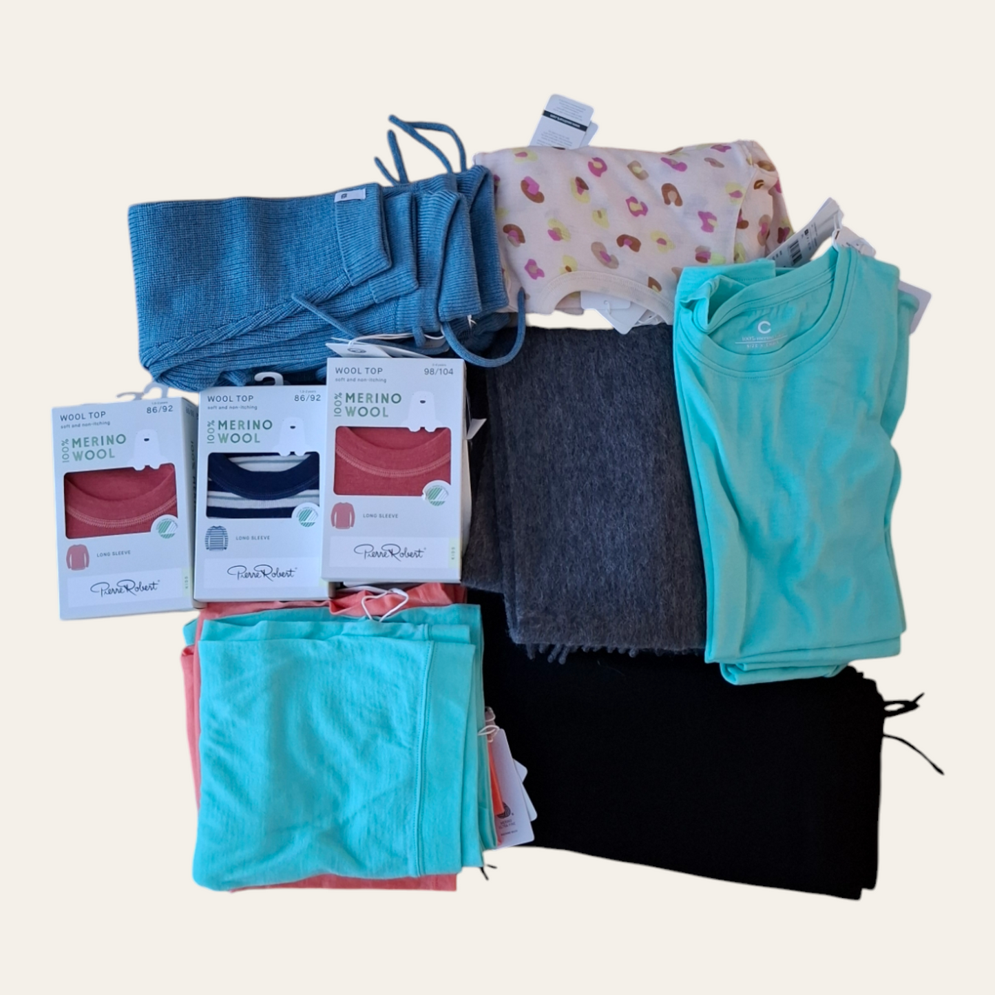 Merino wool clothing package with t-shirts, scarves, and more from Cubus and Pierre Robert.